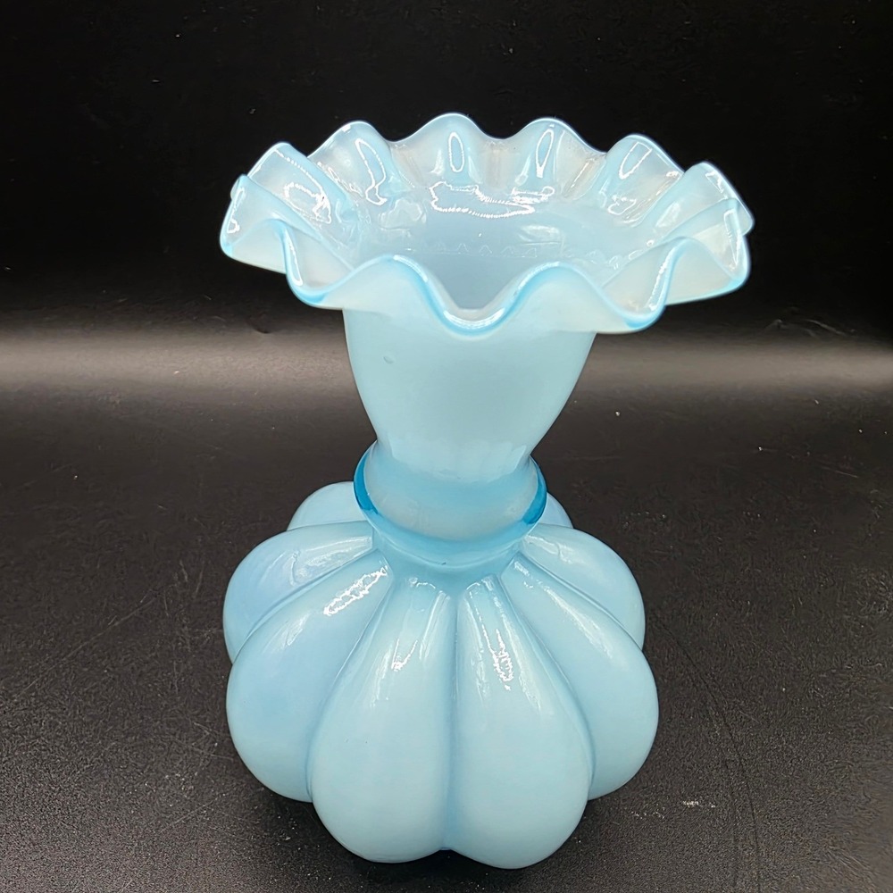 Vintage Fenton‎ Blue Overlay Melon Vase Mid Century Ruffled Rim Art Glass 5 Inch